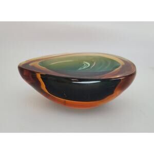 MCM Barbini Sommerso Art Glass Dk Blue & Amber Avocado Shape Dish Murano Italy